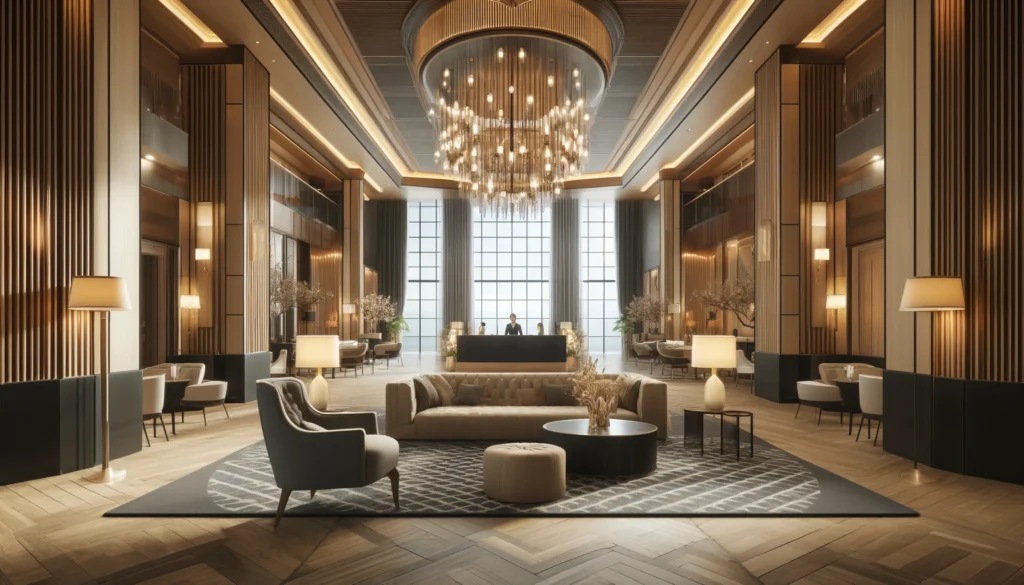 a real life image of a hotel interior design concept. The scene should feature a luxurious lobby with modern elegant furnishings. Include a gr